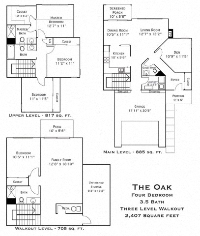 Floor plan for 4 beds, 3.5 baths, 2407 sqft